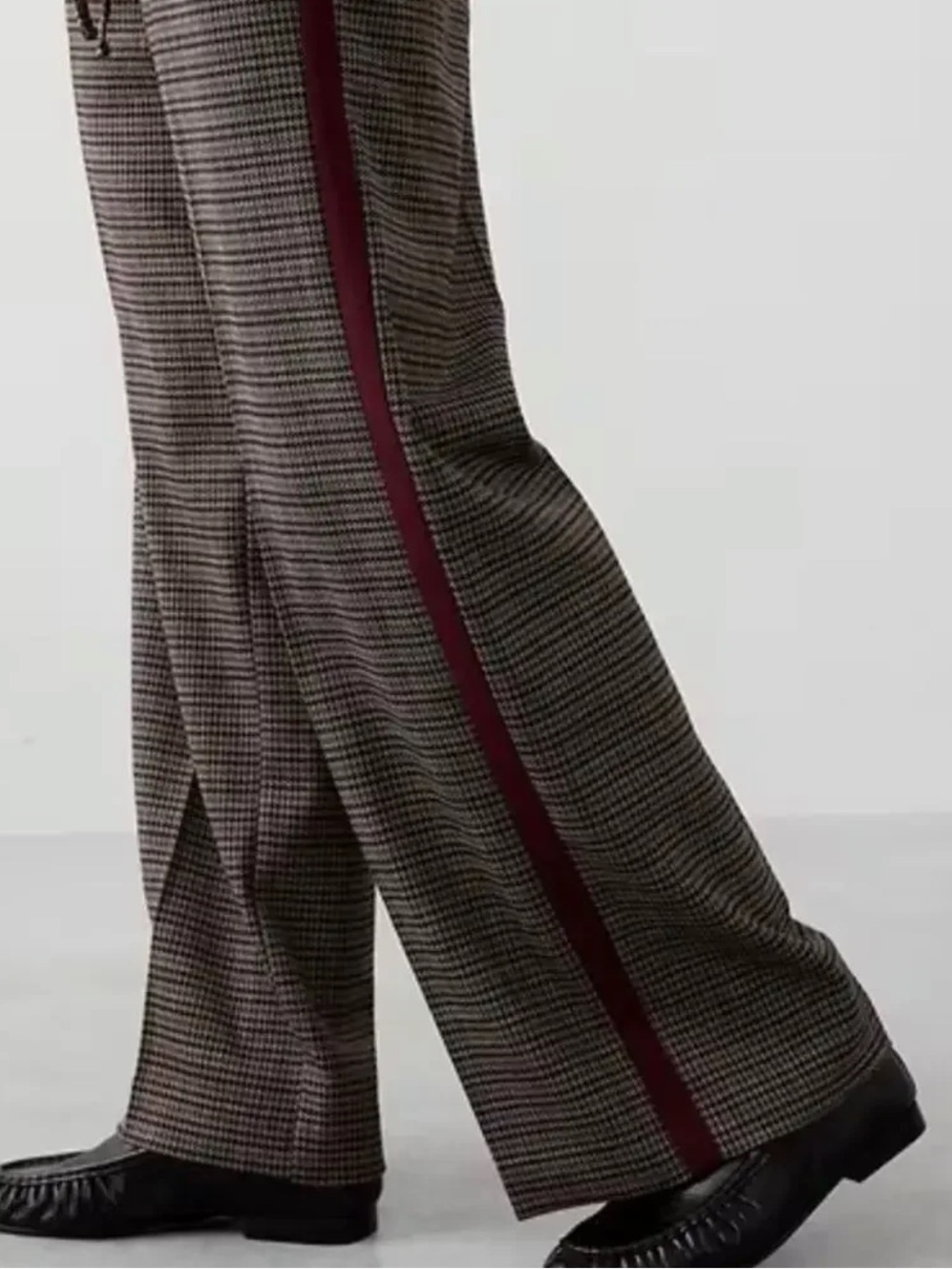 Houndstooth Pull-On Pants with Burgundy Side Stripe